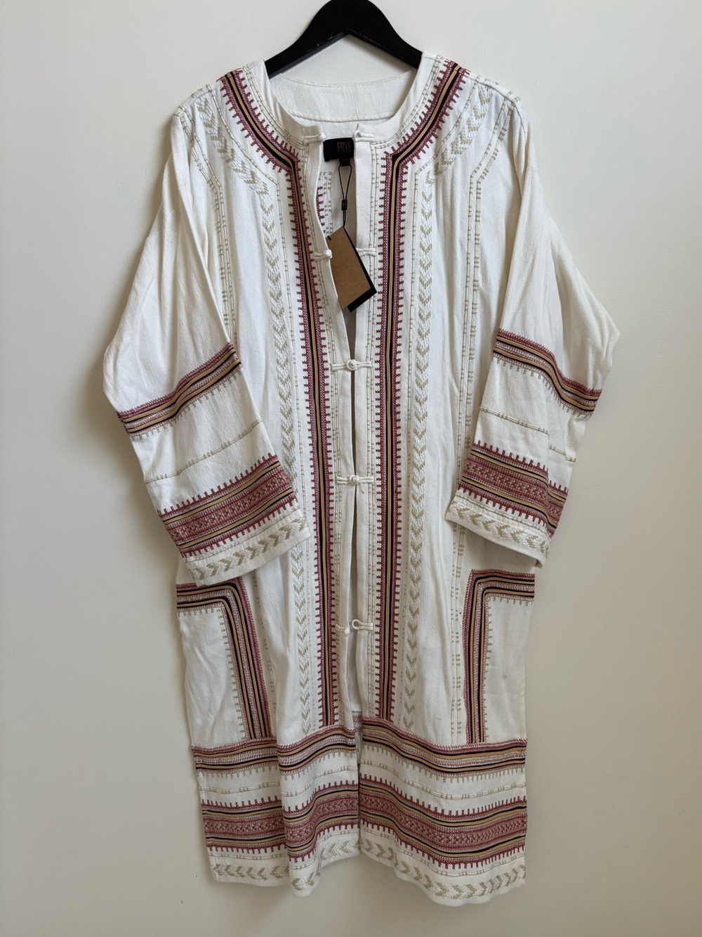 Frye White Long-Sleeve Embroidered Tunic Dress with Rust Trim